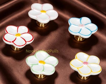 Ceramic Flower Drawer Knobs | Brass Base Cabinet Pulls, Floral Dresser Knob, Kitchen handle