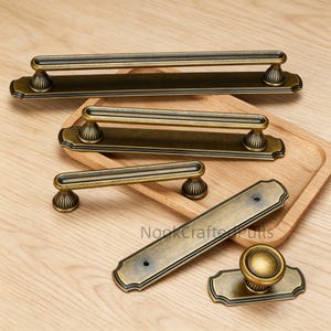 Aged Brass Cabinet Pulls with Backplate, Vintage Drawer Handles, Retro Kitchen Cupboard Knobs