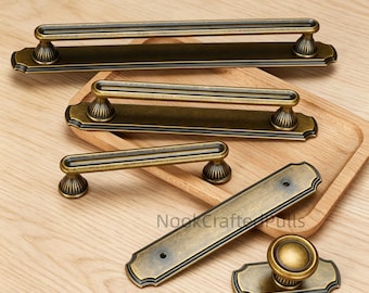 Aged Brass Cabinet Pulls with Backplate, Vintage Drawer Handles, Retro Kitchen Cupboard Knobs