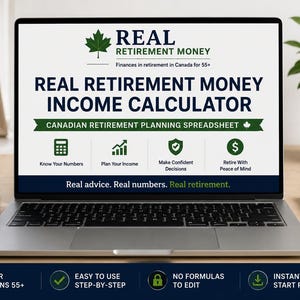 Könnte beinhalten: Ein Laptop-Bildschirm mit dem Real Retirement Money Income Calculator, einer kanadischen Tabellenkalkulation zur Ruhestandsplanung. Die Benutzeroberfläche zeigt ein grünes Ahornblatt-Logo, verschiedene Symbole und erklärenden Text.