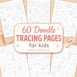 May include: A collection of 60 doodle tracing pages for kids featuring black and white line art of mermaids, sea creatures, sweets, dinosaurs, nature, toys, and bedtime items. The central label reads 60 Doodle TRACING PAGES for kids DIGITAL DOWNLOAD.