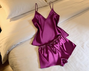 Satin Pajama Set 2-Piece | Women's Deep V Camisole Top & Shorts Sleepwear | Elegant Silk-Like Night Set | All Seasons Luxury PJ Gift