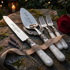 Personalized Wedding Cake Knife Set, Engraved Server and Forks, Custom Bride Groom Gift