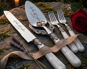 Personalized Wedding Cake Knife Set, Engraved Server and Forks, Custom Bride Groom Gift