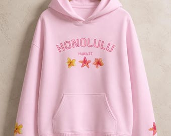Sudadera rosa Honolulu - Sudadera rosa Honolulu Hawaii con estampado - Sudadera hibisco estrella pastel - Sudadera estilo Y2K Coconut Girl