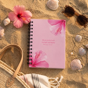 Christian Spiral Notebook for Women- Proverbs 31:25 Scripture Notebook-Tropical Flower- Pink Aesthetic Hardcover Journal