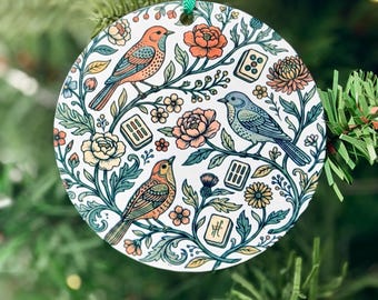 Mahjong Christmas Ornament, Colorful  Birds and Mahjong Tiles, 3 inch, Double sided Metal Christmas Tree Ornament