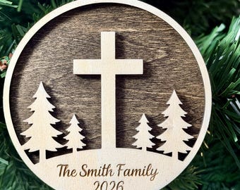 Personalized Christian Christmas Cross Ornament, Family Name Keepsake, Religious Christmas Decor
