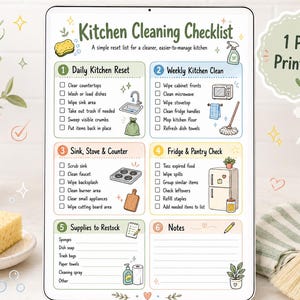 Puede incluir: Una lista de control de limpieza de cocina imprimible digital con seis secciones: Daily Kitchen Reset, Weekly Kitchen Clean, Sink, Stove & Counter, Fridge & Pantry Check, Supplies to Restock y Notes, con iconos coloridos y casillas.