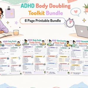 Può includere: Un pacchetto stampabile di 6 pagine ADHD Body Doubling Toolkit che include un pianificatore di sessioni, sprint di pulizia, sprint di studio, scheda di concentrazione, foglio di controllo e foglio di focus con illustrazioni di persone.