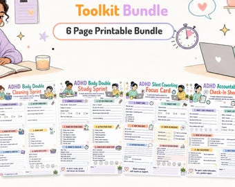 ADHD Body Doubling Toolkit Bundle, 6 utskrivbara material om fokus och ansvarstagande, A4 och US Letter PDF