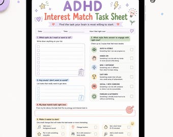 Utskrivbart uppgiftsblad för ADHD-intressematchning för motivation, fokus och enklare uppgiftsstarter.