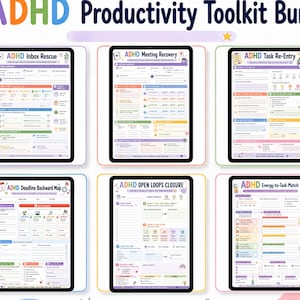May include: A digital ADHD Productivity Toolkit Bundle featuring six distinct planning templates titled ADHD Inbox Rescue, Meeting Recovery, Task Re-Entry, Deadline Backward Map, Open Loops Closure, and Energy-to-Task Match with colourful icons.