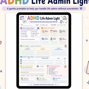 May include: A digital tablet displaying a printable ADHD Life Admin Light planner page with sections for tasks, energy levels, and time management. The interface features pastel-coloured icons, checkboxes, and text fields for organising daily administrative duties.