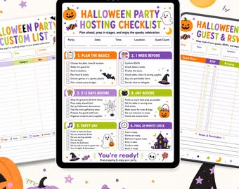 Utskrivbar Halloween-festplanerare, 3-sidig checklista, gästlista och anpassad festlista
