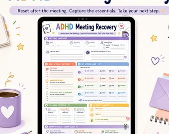 ADHD Meeting Recovery Printable Worksheet for Notes, Follow-Ups and Next Steps