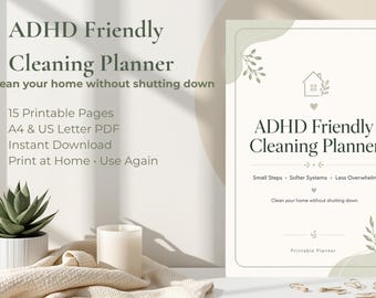 ADHD-vänlig städplanerare, checklista för återställning av hemmet, utrensning, tvättspårare (A4 US Letter PDF)