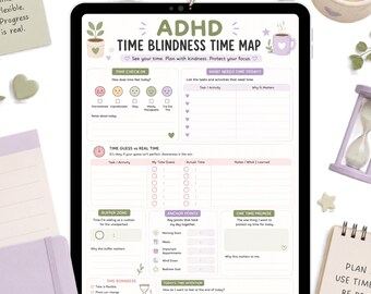 May include: A digital tablet displaying an ADHD Time Blindness Time Map planner page with sections for time check-ins, task lists, time guesses, buffer zones, and anchor points, surrounded by a clock, a pen, a mug, an hourglass, and notebooks.