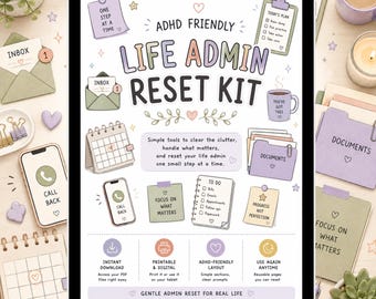 ADHD Friendly Life Admin Reset Kit Utskrivbar PDF Hjärndumpplanerare