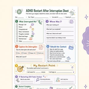 Reinicio para personas con TDAH tras una interrupción / Recupera la concentración y encuentra tu lugar / Descarga digital para adultos neurodivergentes