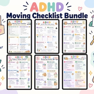 May include: A digital ADHD Moving Checklist Bundle featuring six colorful, illustrated planning pages. The documents include sections for moving start, decluttering, packing by room, change of address, moving day, and first night tasks.