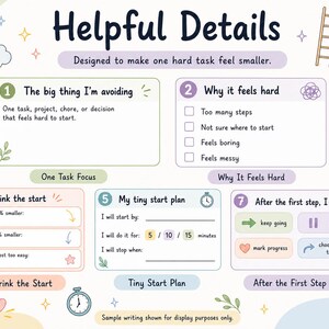 Peut inclure: Une fiche de gestion des t&acirc;ches intitul&eacute;e Helpful Details avec des sections pour identifier les t&acirc;ches, les raisons de la difficult&eacute;, r&eacute;duire le d&eacute;but, cr&eacute;er un plan de d&eacute;marrage et les actions apr&egrave;s l'&eacute;tape. Le design utilise des tons pastel, des ic&ocirc;nes comme une &eacute;chelle, une horloge et un crayon.