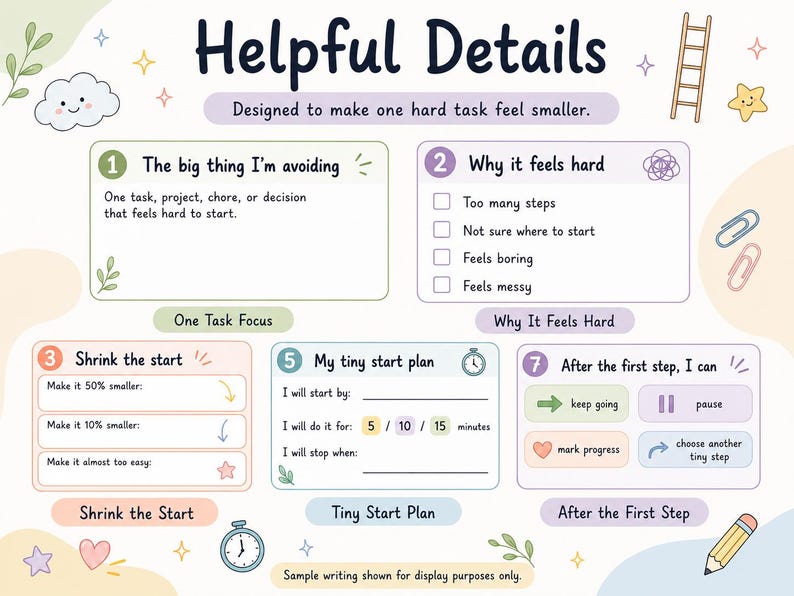 Peut inclure: Une fiche de gestion des t&acirc;ches intitul&eacute;e Helpful Details avec des sections pour identifier les t&acirc;ches, les raisons de la difficult&eacute;, r&eacute;duire le d&eacute;but, cr&eacute;er un plan de d&eacute;marrage et les actions apr&egrave;s l'&eacute;tape. Le design utilise des tons pastel, des ic&ocirc;nes comme une &eacute;chelle, une horloge et un crayon.