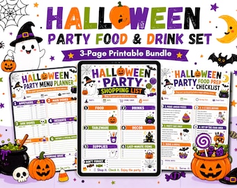 Utskrivbar matplanerare för Halloweenfest, menyinköpslista och förberedelsechecklista
