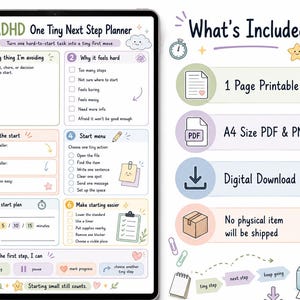 Peut inclure: Un mod&egrave;le num&eacute;rique de planificateur ADHD One Tiny Next Step avec sept sections num&eacute;rot&eacute;es pour la gestion des t&acirc;ches, incluant des cases pour identifier les obstacles et planifier des actions. &Agrave; droite, les inclusions : 1 Page Printable, A4 Size PDF & PNG, Digital Download, et No physical item will be shipped, avec des ic&ocirc;nes comme une &eacute;chelle, une &eacute;toile et une imprimante.
