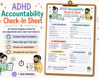 ADHD Accountability Check-In Sheet, Printable Progress Review and Next Step Planner