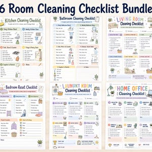 Könnte beinhalten: Ein 6-seitiges Reinigungs-Checklisten-Set mit gedruckten Blättern für Küche, Bad, Wohnzimmer, Schlafzimmer, Waschküche und Heimbüro. Jede Seite enthält kategorisierte Aufgaben, Kontrollkästchen und farbenfrohe Illustrationen zur Haushaltsorganisation.
