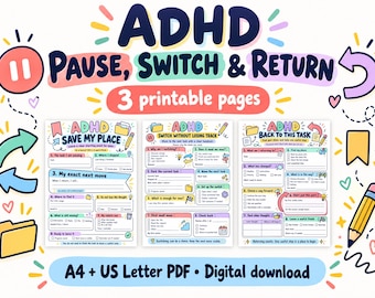 ADHD-uppgiftsväxlingspaket, pausväxling och återgång, 3 utskrivbara arbetsblad för vuxna