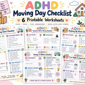 Op de afbeelding: Een digitale set van zes printbare ADHD-verhuischecklists met kleurrijke illustraties van huizen, dozen en planten. De werkbladen bevatten titels zoals Moving Start, Declutter, Packing By Room, Change of Address en Unpack Checklist.