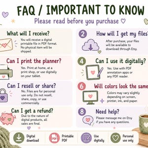 Puede incluir: Un gr&aacute;fico informativo titulado FAQ / IMPORTANT TO KNOW con ocho secciones numeradas que detallan las pol&iacute;ticas de archivos digitales. Incluye ilustraciones en tonos pastel de corazones, una impresora, un ordenador, una hucha y una taza.