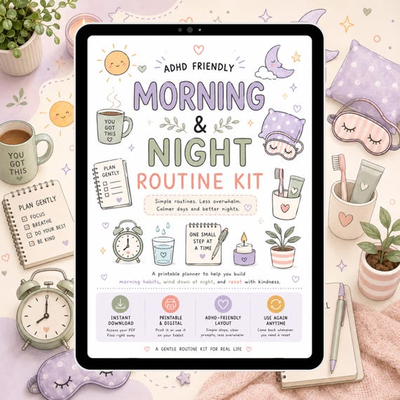 ADHD Friendly Morning and Night Routine Kit, Printable Planner for Adults