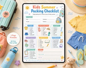 Checklista för barns sommarpackning, utskrivbar för familjeresor och lägerpackning