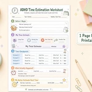 Pode incluir: Uma folha de trabalho imprimível ADHD Time Estimation Worksheet branca com seções coloridas para planejar tarefas, rastrear pontos de verificação de tempo e revisar o progresso real. O documento inclui campos para datas, atividades e estimativas de tempo, com ícones como relógios, calendários e estrelas.