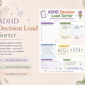 Puede incluir: Una p&aacute;gina de planificador ADHD Decision Load Sorter imprimible con secciones para decisiones abiertas, una matriz de clasificaci&oacute;n de carga de decisiones, niveles de energ&iacute;a y pasos de acci&oacute;n. Usa una paleta de colores pastel.