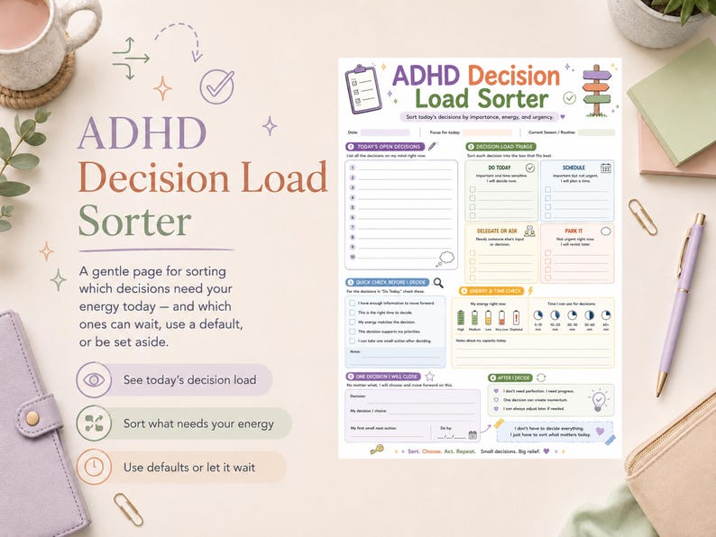 Puede incluir: Una p&aacute;gina de planificador ADHD Decision Load Sorter imprimible con secciones para decisiones abiertas, una matriz de clasificaci&oacute;n de carga de decisiones, niveles de energ&iacute;a y pasos de acci&oacute;n. Usa una paleta de colores pastel.