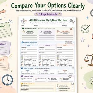 May include: A one-page ADHD Compare My Options worksheet featuring sections for must-haves, nice-to-haves, and deal-breakers. The document includes fields to compare three options, a quick fit check, a trade-off check, and a final workable choice section.