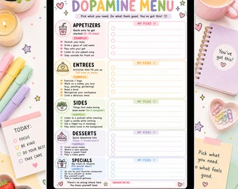 ADHD-vänlig dopaminmeny utskrivbar, arbetsblad för självvårdsplanering, humörboostmeny