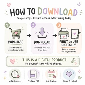 May include: An instructional graphic titled HOW TO DOWNLOAD with three steps: 1. PURCHASE, 2. DOWNLOAD, and 3. PRINT OR USE DIGITALLY. It includes icons of a shopping cart, a download arrow, a printer, and a tablet. Text states THIS IS A DIGITAL PRODUCT.