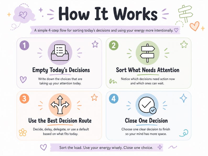 Puede incluir: Una infograf&iacute;a titulada How It Works con un flujo de 4 pasos para la toma de decisiones. Paso 1: Empty Today's Decisions. Paso 2: Sort What Needs Attention. Paso 3: Use the Best Decision Route. Paso 4: Close One Decision. Incluye iconos y texto.