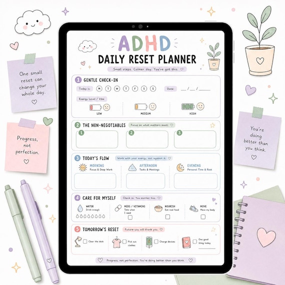 ADHD Friendly Daily Reset Planner Printable, Calm Focus Worksheet, Self Care Routine
