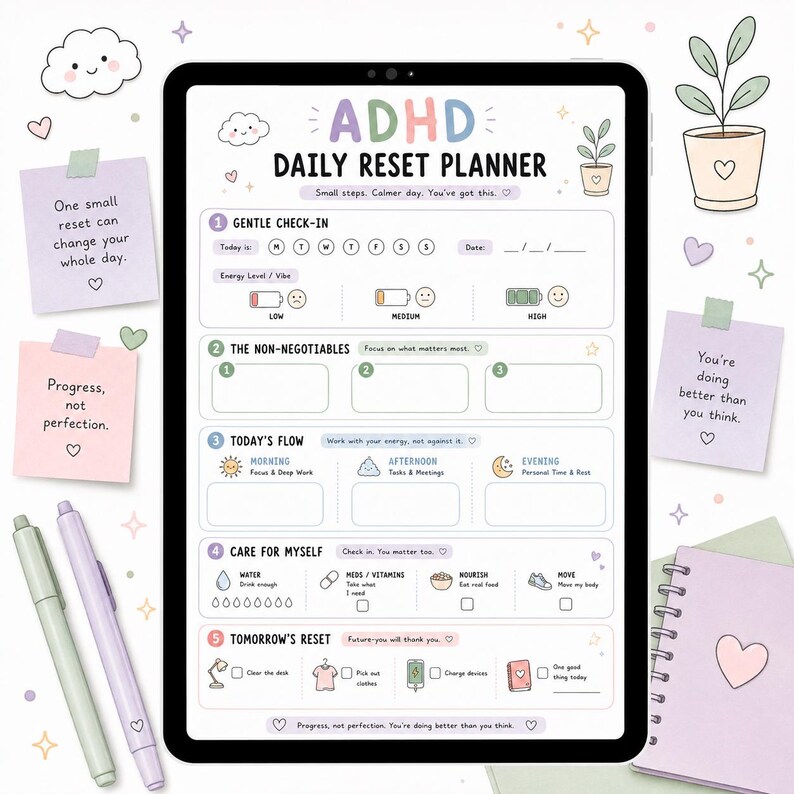 May include: A digital tablet displaying an ADHD Daily Reset Planner template with sections for gentle check-ins, non-negotiables, daily flow, self-care, and tomorrow's reset. The interface features pastel colors, icons, and motivational text.