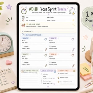 Può includere: Un tablet digitale che mostra un modello stampabile di tracker per sprint di concentrazione ADHD. Il documento presenta sezioni per la pianificazione delle attività, quattro blocchi di monitoraggio sprint, distrazioni e riepilogo.