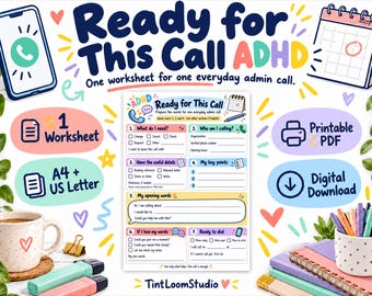 Förberedelse för telefonsamtal med ADHD, utskrivbart arbetsblad med manus för detta samtal, A4 och US Letter PDF