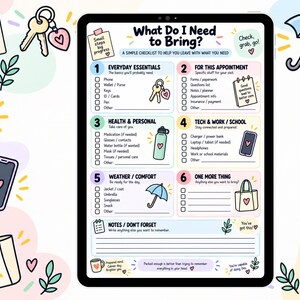 May include: A digital checklist titled What Do I Need to Bring? organized into six numbered categories including Everyday Essentials, Health & Personal, and Tech & Work. The layout features pastel illustrations of a water bottle, keys, and a tote bag.