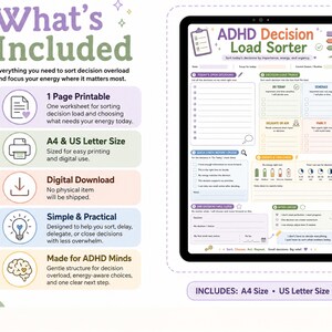 Puede incluir: Una hoja de trabajo digital ADHD Decision Load Sorter mostrada en una pantalla de tableta. El planificador imprimible incluye secciones para decisiones de hoy, disparadores de carga, niveles de energ&iacute;a y una lista de verificaci&oacute;n r&aacute;pida.