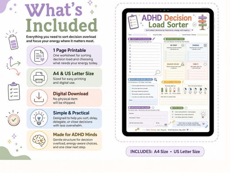 Puede incluir: Una hoja de trabajo digital ADHD Decision Load Sorter mostrada en una pantalla de tableta. El planificador imprimible incluye secciones para decisiones de hoy, disparadores de carga, niveles de energ&iacute;a y una lista de verificaci&oacute;n r&aacute;pida.